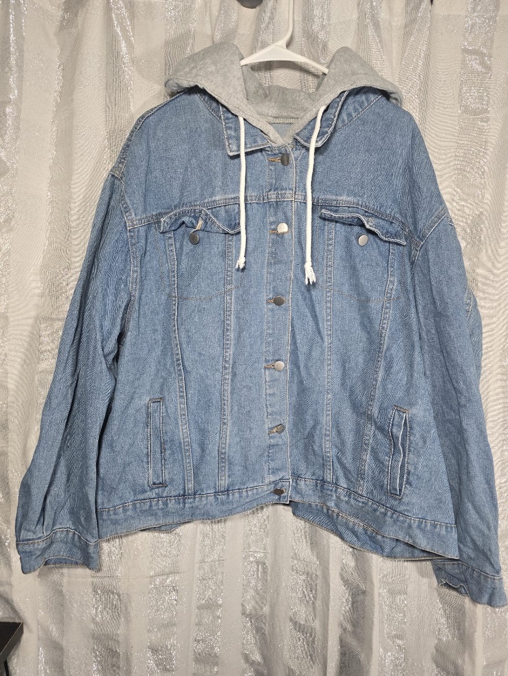 SHEIN Light Blue Denim Jacket with Gray Hoodie Lining